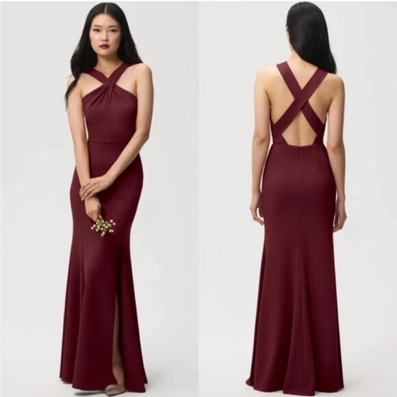 Jenny Yoo Dresses & Skirts - BHLDN Jenny Yoo Kayleigh Stretch Crepe Halter Gown Maxi Dress Formal Burgundy 4
